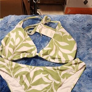 Green and White Leaf Print Bikini